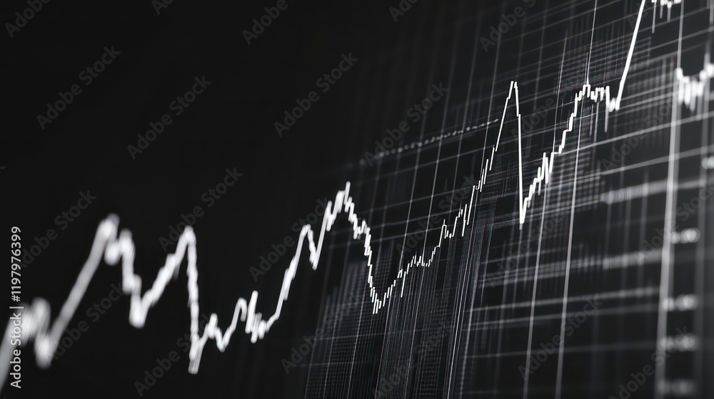 Poster Abstract grayscale stock market graph showing fluctuating data trends on a dark background.