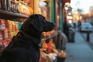 Service animal assists owner during shopping on a busy urban street