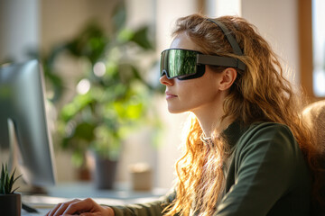 Visually impaired professional using assistive technology at a desk