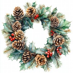 Festive Pinecone and Holly Christmas Wreath Design