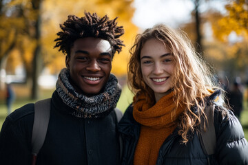 Young interracial couple enjoys a sunny day in the park together