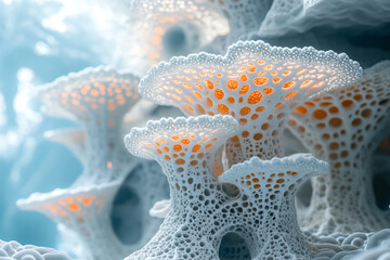 Fractal coral reef structures glowing softly in an underwater landscape