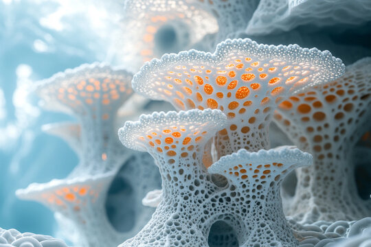Fractal coral reef structures glowing softly in an underwater landscape