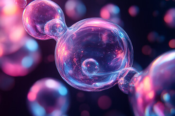 Iridescent bubble-like spheres create mesmerizing patterns on dark canvas