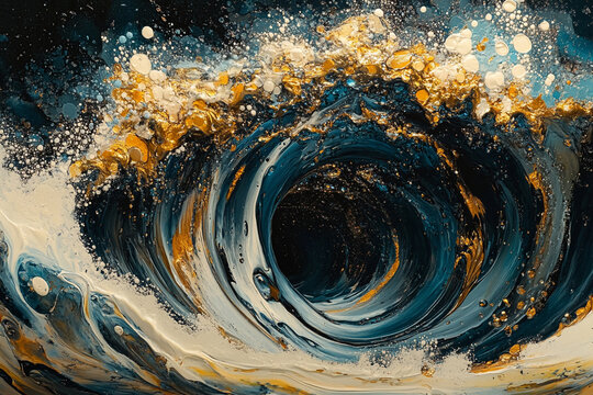 Bold colors swirl in shimmering patterns resembling ocean waves at dusk