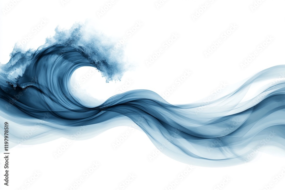 Poster A minimalist 2D design of a wave forming a perfect spiral, drawn with sharp, clean strokes in deep blue on a white background