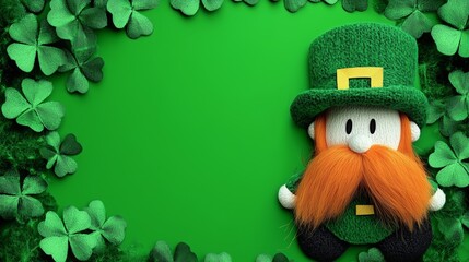 Fototapeta premium Festive Green Clover Border With Adorable Leprechaun Character Forming a St Patrick’s Day Banner Background