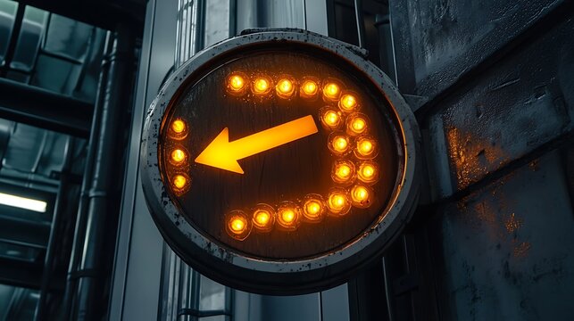 A circular signal with a pulsating yellow slow-down arrow 