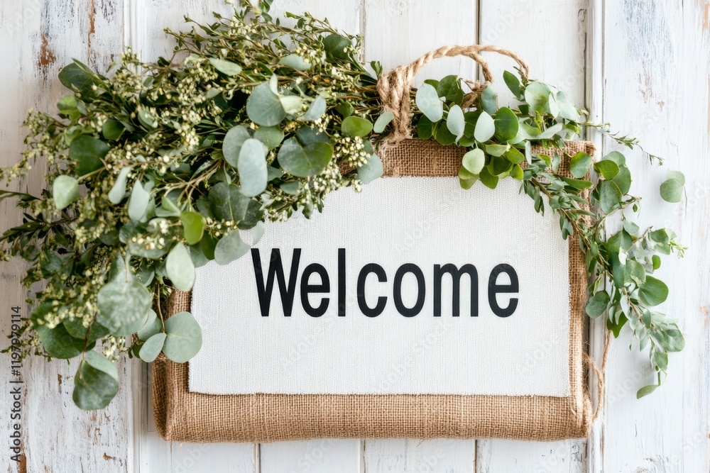 Wall mural A minimalist design of a clean, modern welcome mat with a single bold word â€œWelcomeâ€ in black on a white background