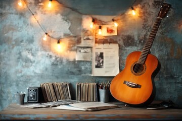 A musician studio with vinyl records scattered around, instruments leaning against the wall, and a warm, creative ambiance