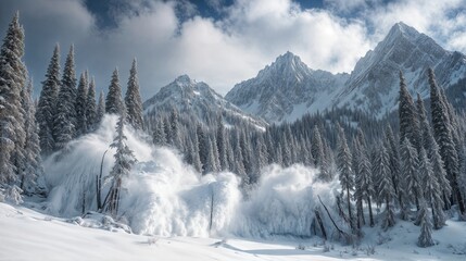 Obraz premium Snow falling from pine trees in snowy mountain forest