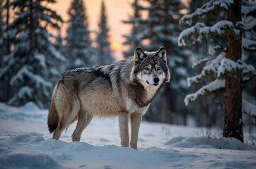 Obraz premium A gray wolf in the forest in winter .The wild world of animals.
