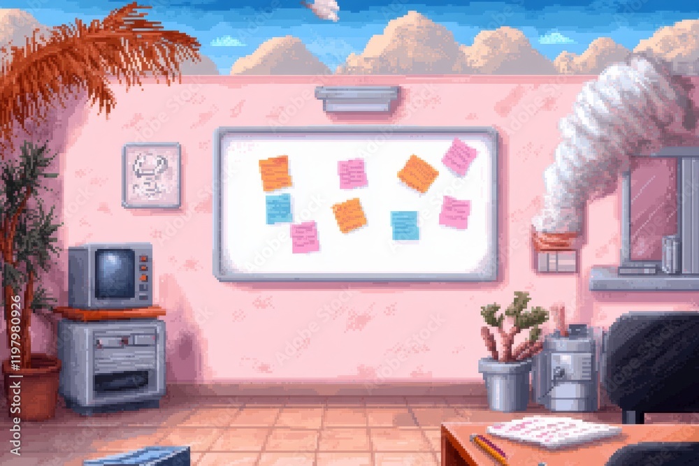 Fototapete a pixel art depiction of a whiteboard with tiny colorful notes and a cheerful classroom backdrop, re