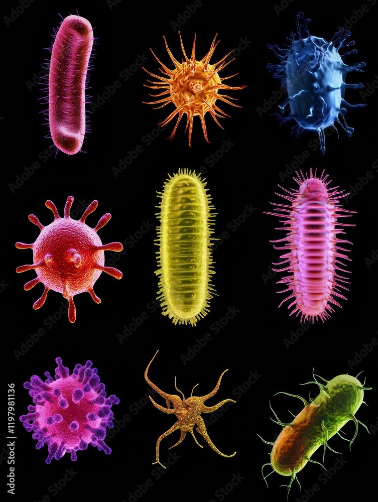 Poster sequence of evolving bacteria showcasing diverse forms and structures in a vibrant visual representa