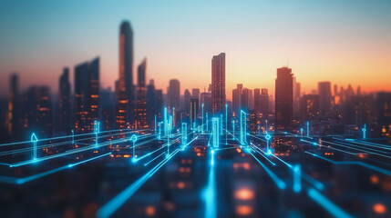 abstract, business, team, stands, peak, success, Abstract business man stands on the peak of success amid tall, innovative Smart city and graphs with statistics to analyze business potential and predi