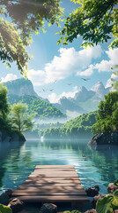 Naklejka premium Tranquil Lake Scene with Forest, Mountains, and Wooden Dock Under a Vibrant Blue Sky and Warm Sunlight
