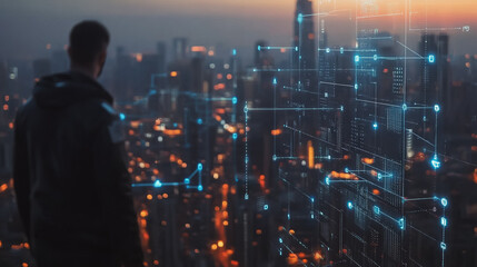 Fototapeta premium abstract, business, team, stands, peak, success, Abstract business man stands on the peak of success amid tall, innovative Smart city and graphs with statistics to analyze business potential and predi