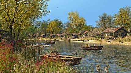 Obraz premium River Village Autumn Boats Fishing Tranquil Landscape