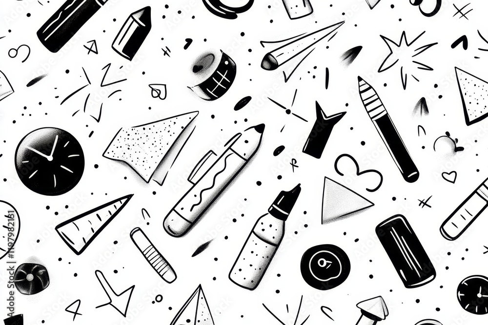 Poster A repeating pattern of small whiteboard icons with markers, drawn in simple black and white for a sleek design