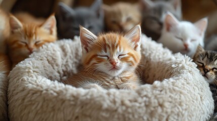 Baby kitten curled up in a soft fluffy bed inside a cat house surrounded by various cat breeds lounging comfortably each one highlighting its unique fur and color