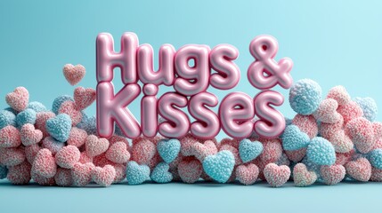 Colorful Hearts with Hugs and Kisses Text on a Light Blue Background