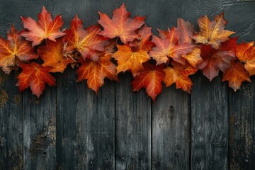 Autumn leaves border on dark rustic wooden background. Fall season, nature, and Thanksgiving concept.