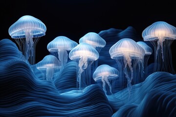A mesmerizing underwater scene showcasing a group of bioluminescent jellyfish gracefully floating over a deep blue, undulating seabed.