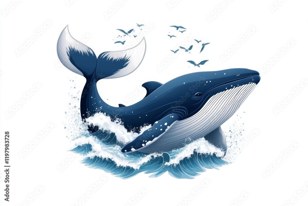 Poster a simple, elegant depiction of a whale tail emerging from stylized waves, drawn with clean lines and