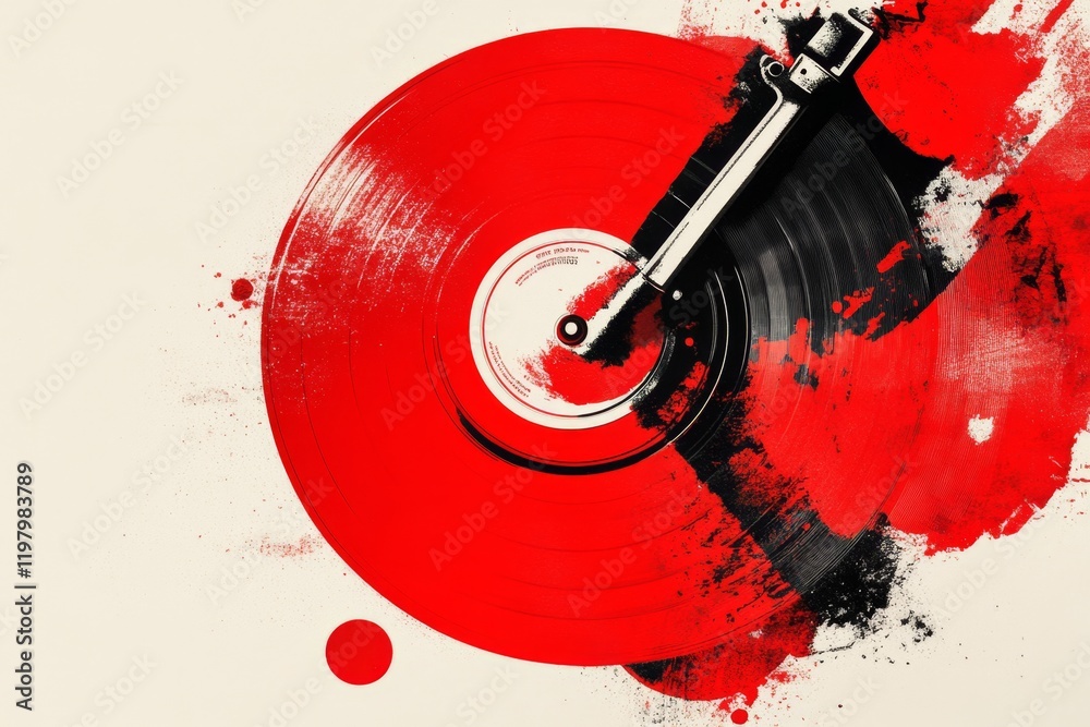 Poster a single stylized turntable arm drawn in bold lines, set against an abstract vinyl record represente
