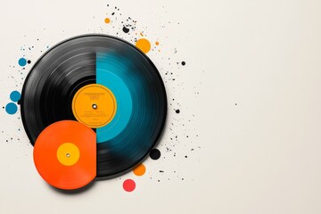 A simple, vibrant illustration of a vinyl record with its colorful label, spinning on a clean, white surface