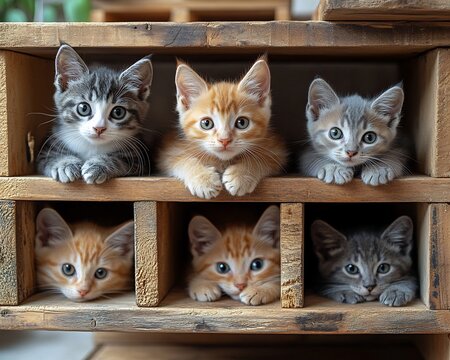 baby kitten exploring rustic wooden cat house with various breeds relaxing on platforms showcasing unique features geometric sleek abstract vibrant aesthetic