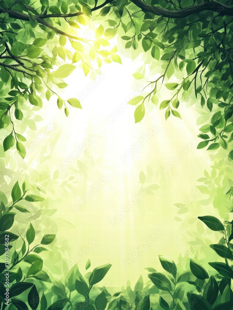 Poster Sunlight filtering through leaves in a serene green forest, creating a peaceful and inviting atmosphere. Generative AI