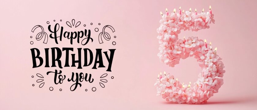 Happy 5th Birthday Floral Number with Candles Stock Photo