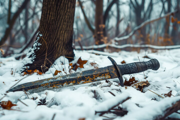 Rusty sword lying in snowy forest clearing among fallen leaves