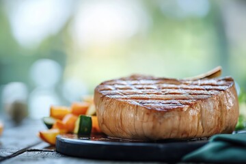 Delicious roasted chuck steak served with fresh vegetables and creamy dressing on rustic wooden table