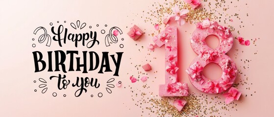 Naklejka premium Happy 18th Birthday Pink Floral Number Eighteen Celebration