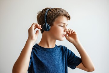 Fototapeta premium Stylish teen boy enjoying music with wireless headphones in a calm indoor setting