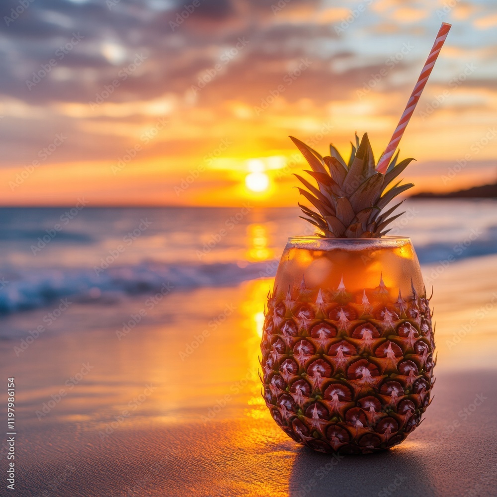Poster refreshing pineapple drink on a beach at sunset with vibrant colors and gentle waves in the backgrou