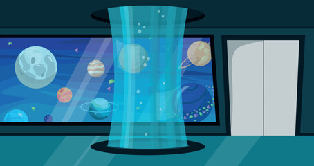 Vector illustration of a beautiful futuristic interior inside a spaceship. Cartoon scene of a door, holes in the ceiling and floor with a light stream, a window with a view of planets, space objects. © MVshop