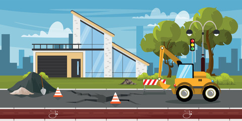 Vector illustration of road reconstruction works.Cartoon scene of cityscape with repair of cracks in asphalt, excavator, shovel, piles of rubble, gravel, bike path, houses, traffic light, street lamp.