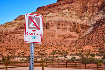 No Camping Sign in Desert of Gooseberry Mesa Utah Eye-Level View