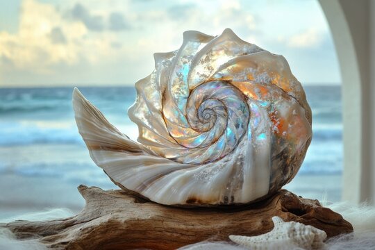 A mesmerizing iridescent ammonite fossil rests on driftwood, overlooking a tranquil ocean.
