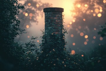 An old brick chimney, overgrown with ivy and wildflowers, glows softly in the misty sunset.