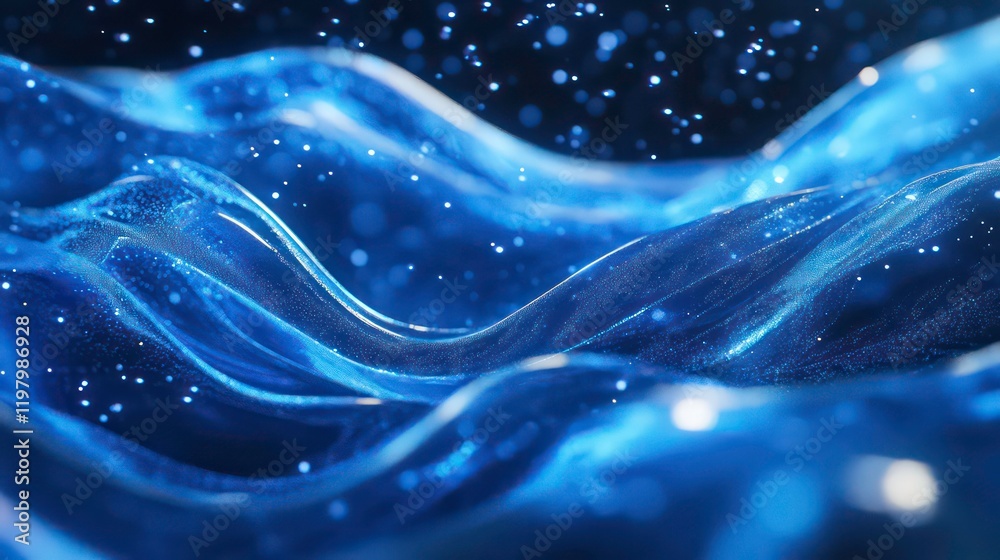 Poster abstract blue waves with glowing particles.