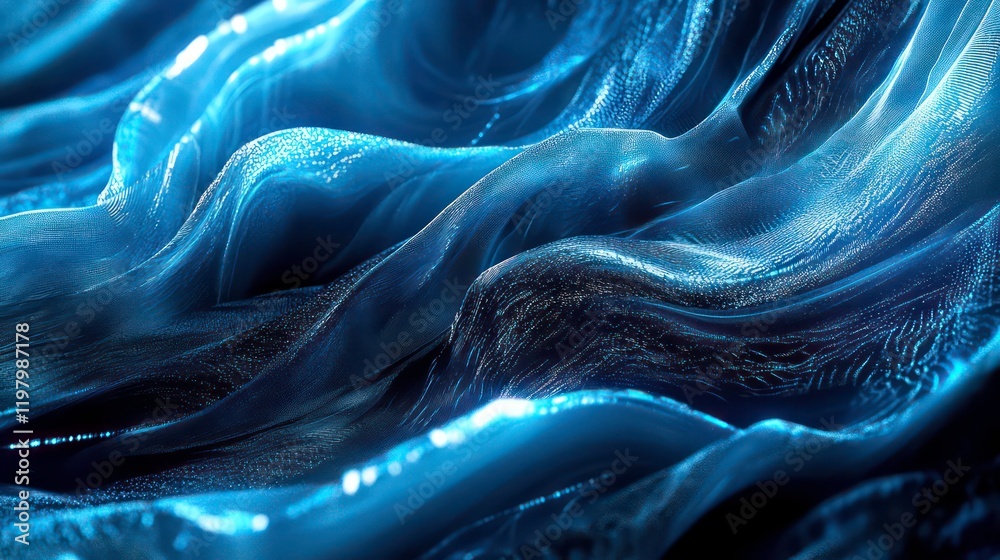Poster abstract blue fabric texture with flowing waves and shimmering highlights.