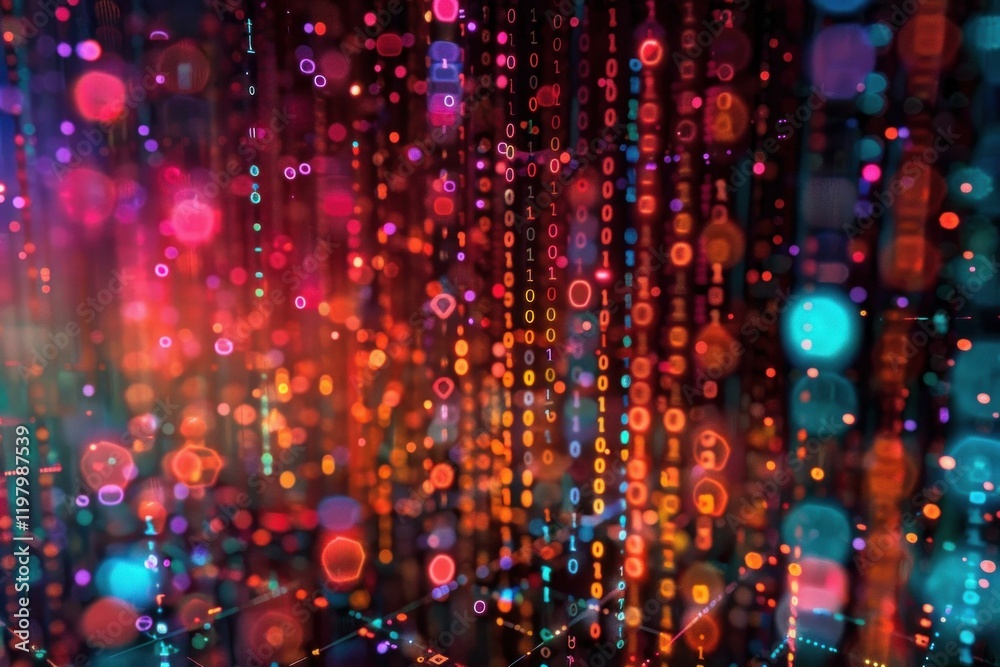 Poster Abstract technology background with binary code flowing through a colorful cyberspace