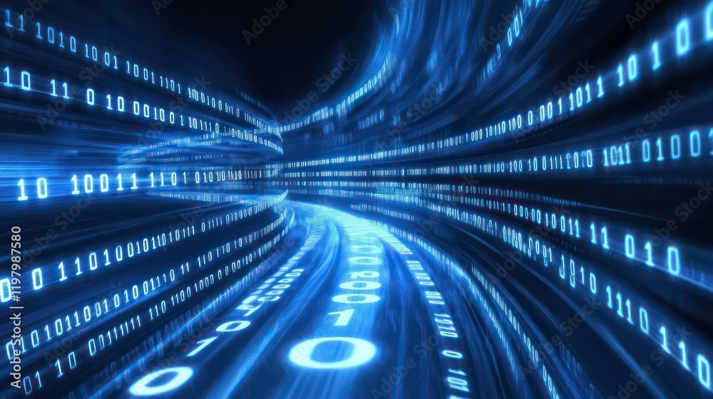 Poster Abstract digital data stream flowing in a curved tunnel, representing high-speed internet or network connection.