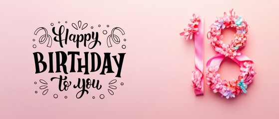 Naklejka premium Happy 18th Birthday Floral Number Celebration Pink Background