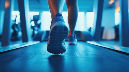 Cardio fitness, close-up of feet on a treadmill, fast-paced motion, bright modern gym