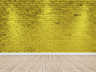 Brick wall with spotlight. Yellow interior background wooden floor